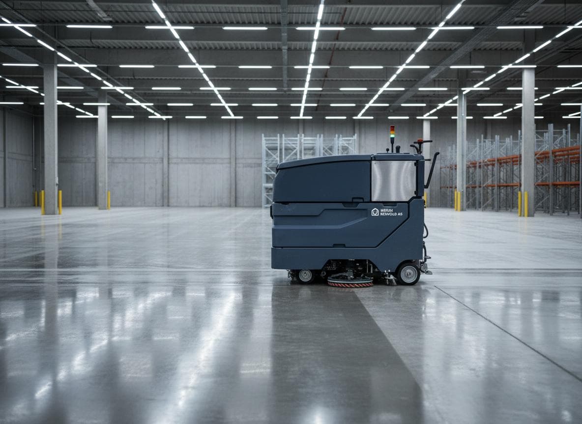 Gulvvaskmaskin pa blankt industrigulv i stort lokale.